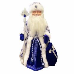 Figurka Děda Mráze v modro-bílé se stříbrem, s oddělením na cukrovinky a dárky, 40cm