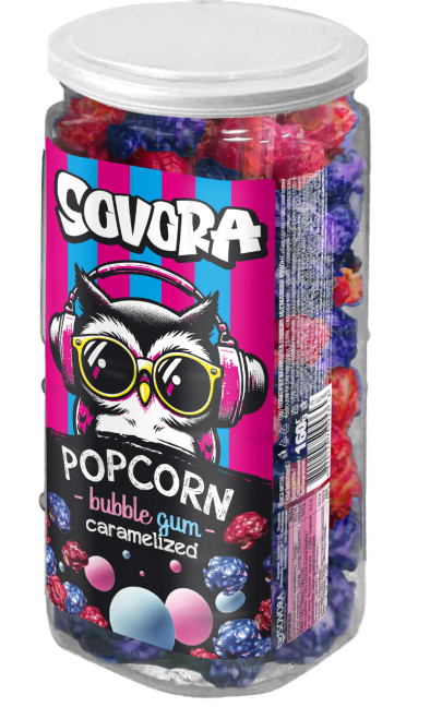 detail Popcorn s příchutí Bublle Gum 160 g Sovora